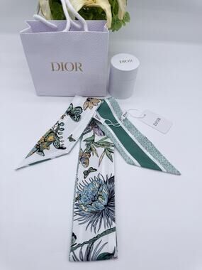Christian Dior GWP Silk Ribbon Scarf Green Floral Butterfly Print 41.3" Gift Box